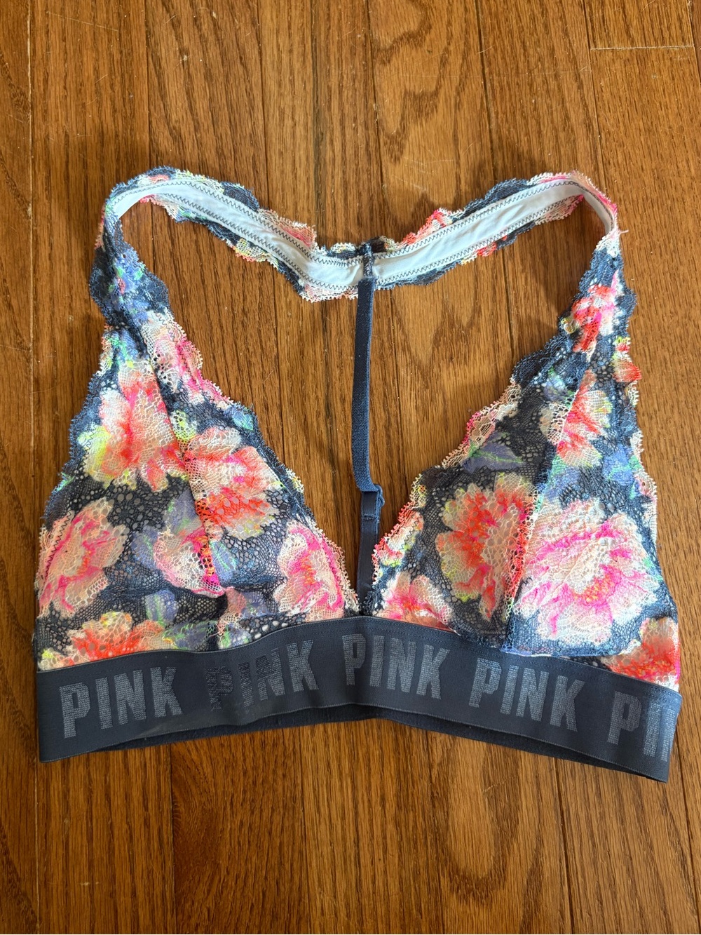 PINK by Victoria's Secret Floral Lace Bralette Racerback Style Navy with Pink